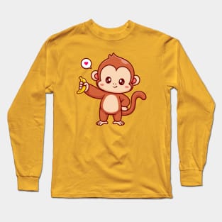 Cute Monkey Holding Banana Cartoon Long Sleeve T-Shirt